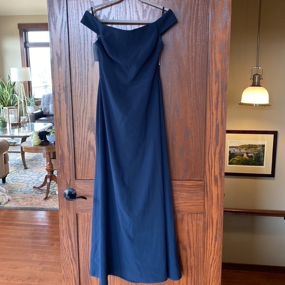 Dressy Collection navy off the shoulder cross back gown size 6. NWT - Picture 5 of 10